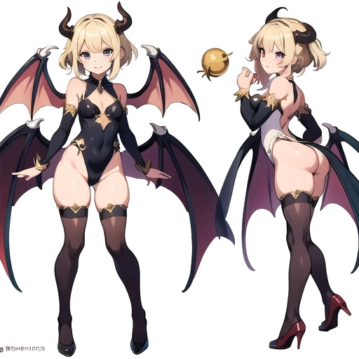 masterpiece, best quality, cute eyes, 1girl, solo, high fantasy costume, ((white background)), full body, multiple views, leotard, succubus, dragon horn, detached sleeves,
