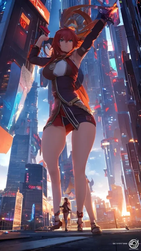 The giant girl wields a and destroys the city,Girl sitting on a building,A giant woman in a lying on top of a cyberpunk city, Wear short skirts,Little guys running around the giant girl,The little person panicked and ran away,Many cars pass by, Standing on...