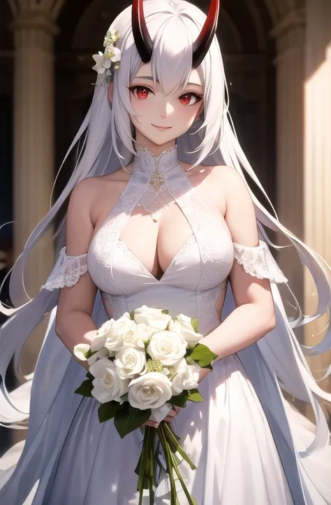 A beautiful woman with striking red eyes, white hair, and oni horns, wearing a bridal dress with bare shoulders, smiling happily and holding flowers, detailed and realistic, masterpiece, best quality