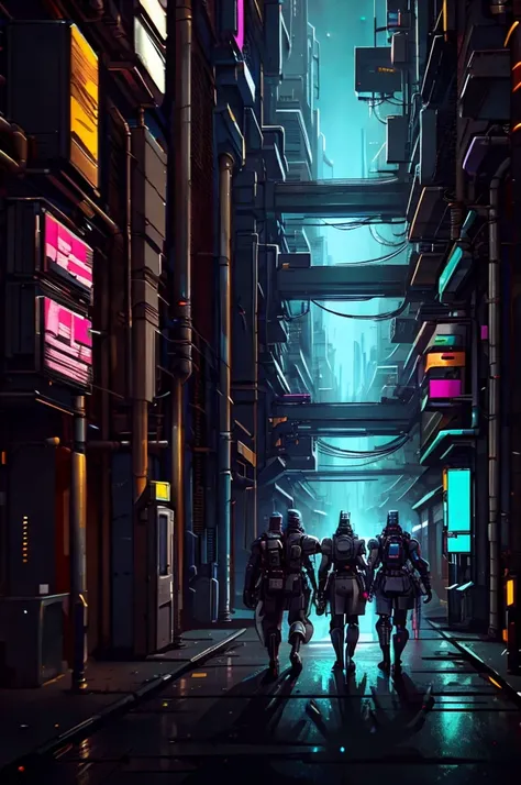 a group of cyberpunk robots walking down the street to vote