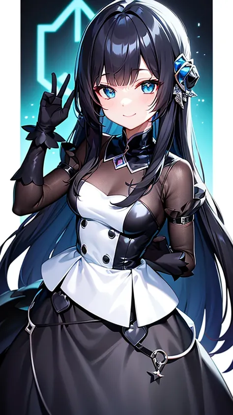 transparent black gloves, solo, smile, hairstyle, jewelry, dress, bangs, kawaii, black and blue, daring, anime, pastel, neon, character list, clothing list,