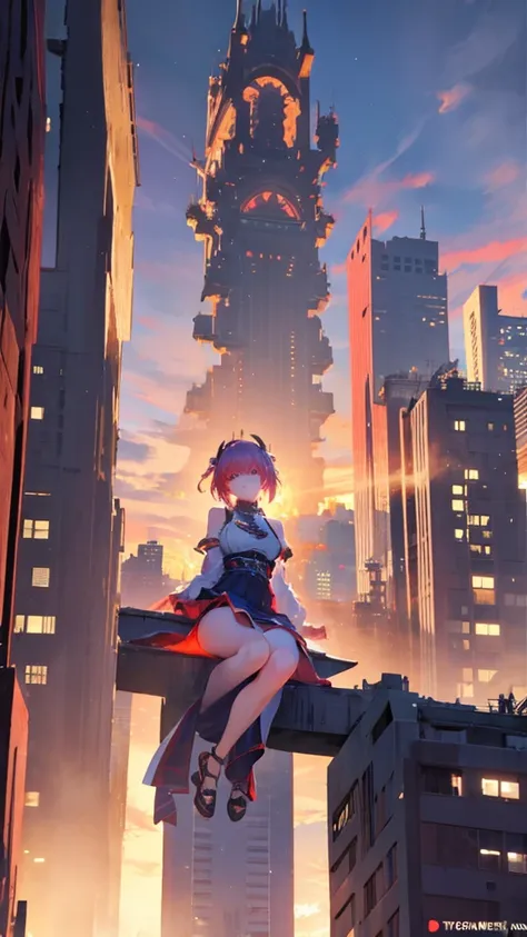 The giant girl wields a and destroys the city,Girl sitting on a building,A giant woman in a lying on top of a cyberpunk city, Wear short skirts,Little guys running around the giant girl,The little person panicked and ran away,Many cars pass by, Standing on...