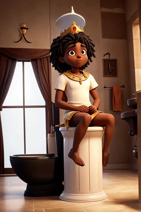 Tall black person sitting on a toilet while wearing a crown