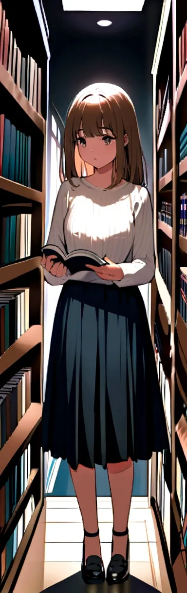 A beautiful young girl wearing light blue button sweater open with white top wearing fitted skirt she standing in library shelve searching a book her long brown hairs shes wearing shoe 