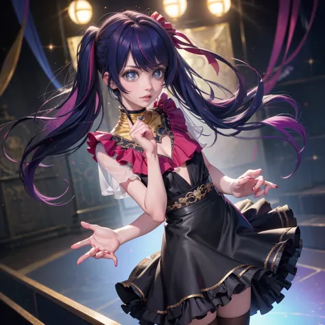 1girl, Ai Hoshino_(Oshi no Ko), centered girl, perfectly body, perfectly hands, solo, jewelry, magenta roses, rabbit jewel on her hair, ornament hair, twintails, rabbit jewel on her hair, purple hair, long hair, long flowing hair, floating hair, ornament h...