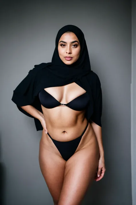 RAW photo,dark,moody,hazy atmosphere,35mm focal lenght,underexposed,cold,candid photograph,artistic,full body,photo of a beautiful,influencer,30yo Arab woman,hijab,detailed skin,naked, looking at viewer, thick body structure,grey background,no background, ...