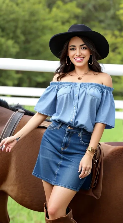 A beautiful woman in a skirt and jean, hat and off shoulder shirt, sexy cowgirl woman, with leather boots, smiling at the camera, queen of instagram,  standing on a stop, background horses riding