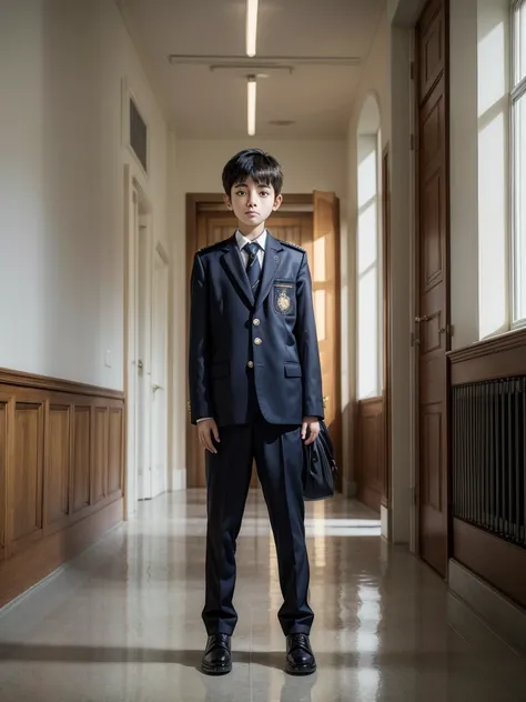 best qualityer, work of art, standing alone, 1 young boy, tossev1,  (schoolar uniform), embarrased, gazing at viewer,