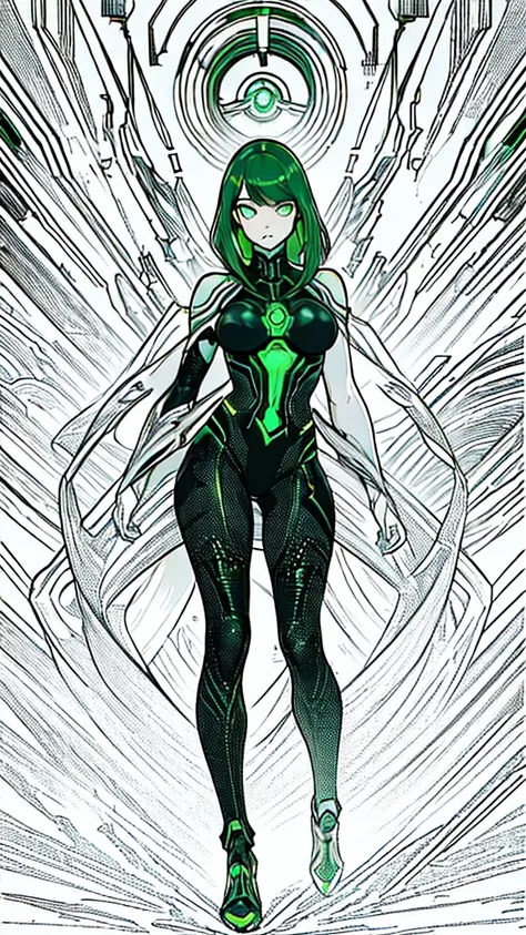 masterpiece, highest quality, (solo focus), (perfect face:1.1), (full body), (high detail:1.1), (hyper detailed eyes), dramatic, a woman with paleskin and long dark green hair, green eyes, solo, arrogant expression, neon cyberneticoutfit, white background,...