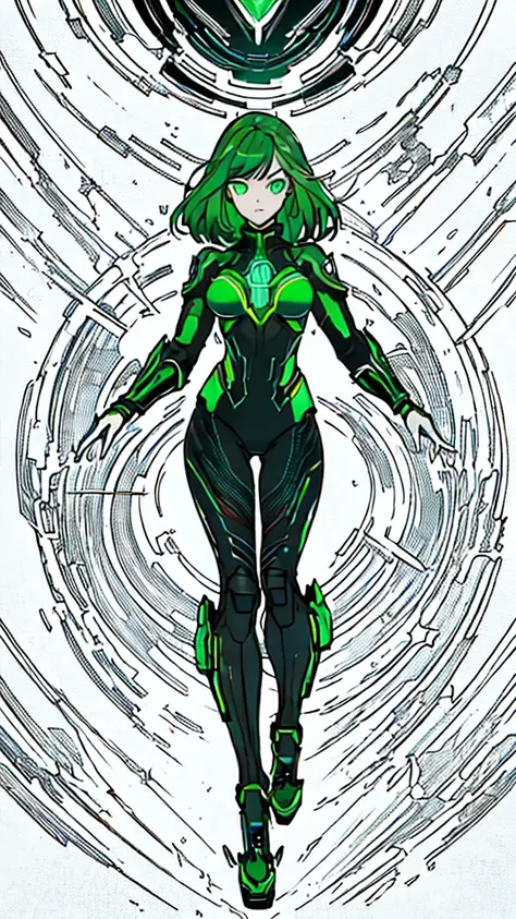 masterpiece, highest quality, (solo focus), (perfect face:1.1), (full body), (high detail:1.1), (hyper detailed eyes), dramatic, a woman with paleskin and long dark green hair, green eyes, solo, arrogant expression, neon cyberneticoutfit, white background,...