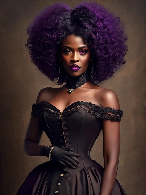 1 elegant black woman, (((Dark black skin 1.2))), Mature middle-aged woman， goth woman, vampire, goth makeup, victorian era dress, corset, corset dress, choker necklace, Dark eyeshadow，Full-body art, black skin, a dark tanned skin，Melanin pigmentation of t...