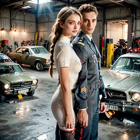 dystopian style , post-apocalyptic,  dramatic, highly detailed, stunningly beautiful European girl standing , cute looking girl ,, handsome man with military costume hugs from behind her , wreck cars garage ,cars lights are on , dark floor like mirror , re...