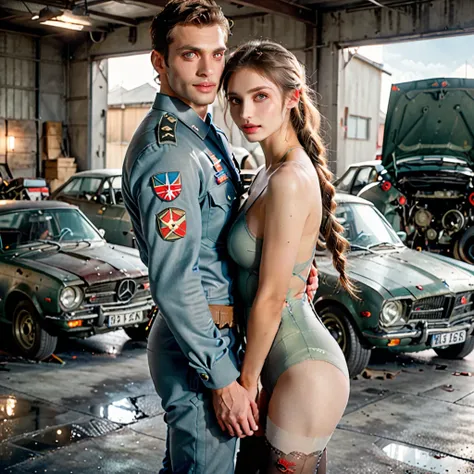 dystopian style , post-apocalyptic,  dramatic, highly detailed, stunningly beautiful European girl standing , cute looking girl ,, handsome man with military costume hugs from behind her , wreck cars garage ,cars lights are on , dark floor like mirror , re...