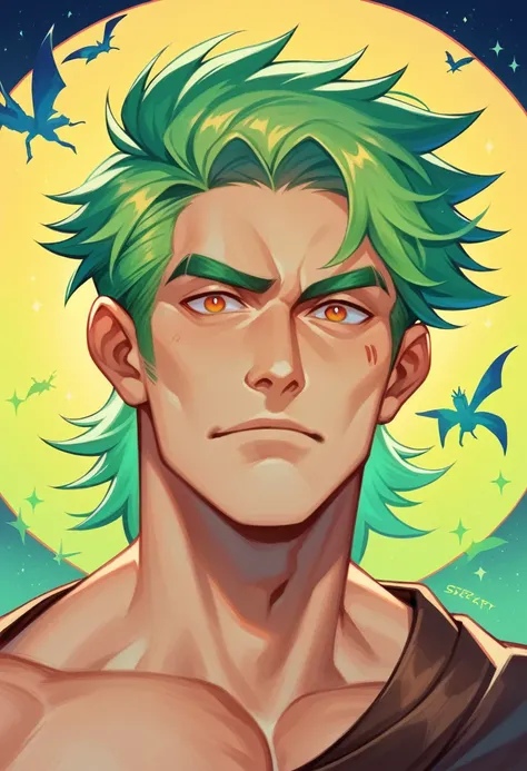 colorful portrait illustration, (highy detailed face, work of art, best qualityer), highy detailed, ultra high resolution. Green haired man holding blonde haired man, pirates, stary night.