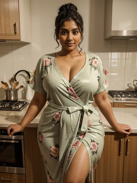 Sri lankan aunty 37 years old curvy body sexy figure fat body hairbun wearing flower pattern tight night robe at kitchen 