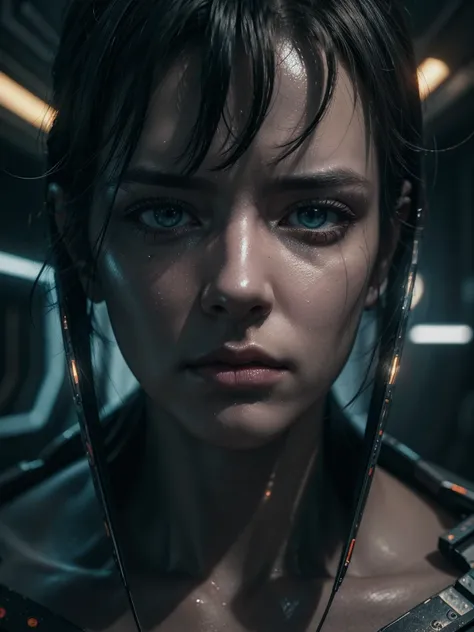 stunning cyberpunk scene, 1 cyborg and 1 human standing face to face, highly detailed, cinematic lighting, dramatic atmosphere, advanced technology, glowing neon lights, intricate machinery, gleaming metal surfaces, intense gaze, contemplative expression, ...