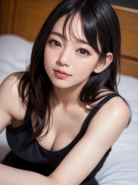 (Highest quality), (masterpiece), highly detailed, A young, naked Riho Yoshioka is lying on her back on a bed with her knees raised to chest height, her legs wide open, and her vagina, with a penis inserted into it, facing the viewer.,  body, whole body, E...