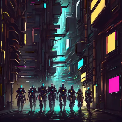 a group of cyberpunk robots walking down the street, yellow colors