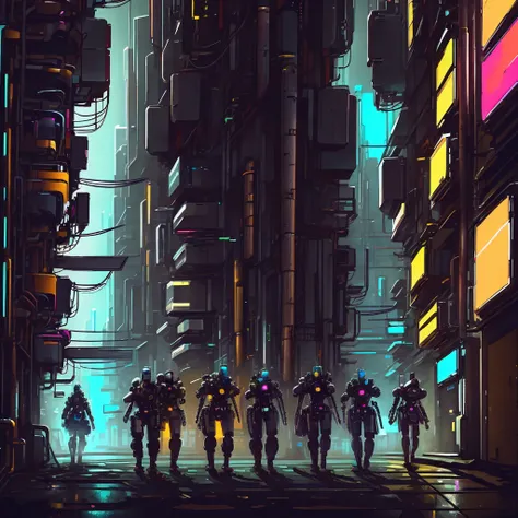 a group of cyberpunk robots walking down the street, yellow colors