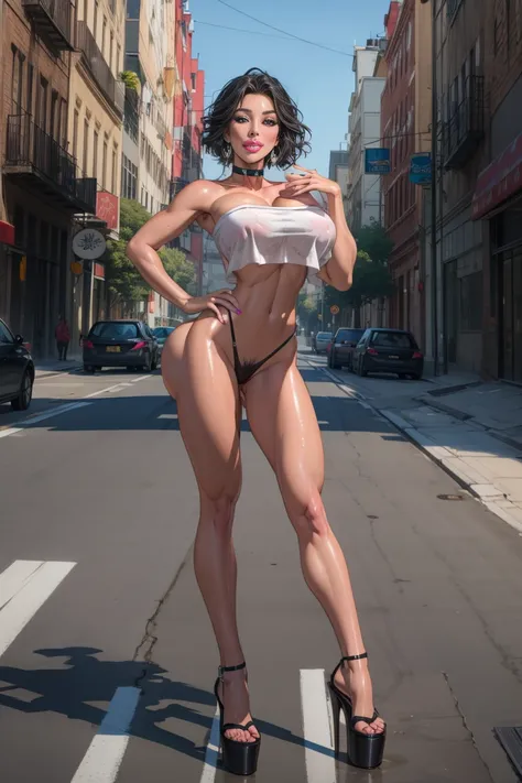 turnaround:1, dynamic pose, standing, platform heels, full body:1, short black curly hair, nude, pink eyes, choker, skimpy white crop top, strapless, pubic tattoo, wet, large breasts, curvy hips, huge hips, wide hips:1, big ass:1, parted lips, lipstick, ma...