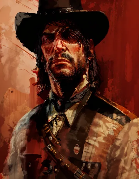 r3dd34dstyle, digital portrait, john marston, red background