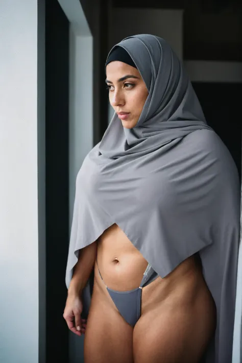 RAW photo,dark,moody,hazy atmosphere,35mm focal lenght,underexposed,cold,candid photograph,artistic,full body,photo of a beautiful,influencer,30yo Moroccan woman,hijab,detailed skin,naked, looking at viewer, thick body structure,grey background,no backgrou...