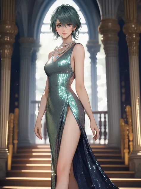 1woman, tamaki, green short hair, hair between eyes, Thin eyebrows, detailed eyes, Small Head, (silver sequined dress:1.3), smile, Pearl Necklace, standing on the grand staircase,