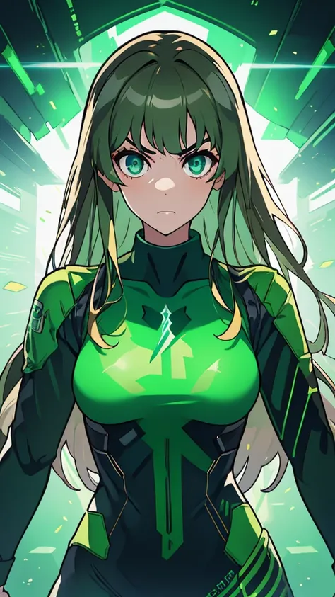 masterpiece, highest quality, (solo focus), (perfect face:1.1), (full body), (high detail:1.1), (hyper detailed eyes), dramatic, a woman with paleskin and long dark green hair, green eyes, solo, arrogant expression, neon cyberneticoutfit, white background,...