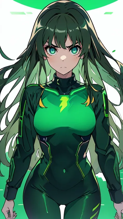 masterpiece, highest quality, (solo focus), (perfect face:1.1), (full body), (high detail:1.1), (hyper detailed eyes), dramatic, a woman with paleskin and long dark green hair, green eyes, solo, arrogant expression, neon cyberneticoutfit, white background,...