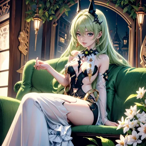 Mobius_(honkai impact 3d), solo, alone, 1 girl, white roses, ornament hair, white roses on her hair, succubus, perfectly body, perfectly hands, wave hair, light green hair, long hair, seat on a sofa in the garden, garden scenery, gold lantern, white dress,...