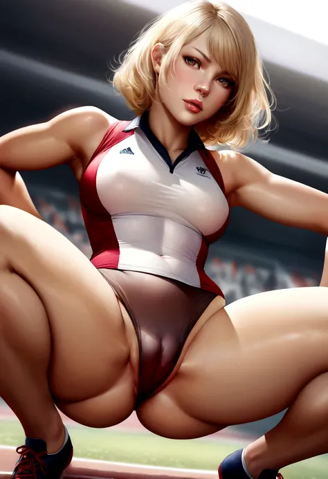 Realistic, High resolution, 1 female, Lift your hips high, Beautiful Eyes, Bob Cut Hair, The eyes are round, Blonde, jewelry, Yui Takamura, Track and field uniforms, squat, Spread your legs,Camel Toe