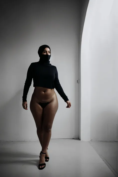 RAW photo,dark,moody,hazy atmosphere,35mm focal lenght,underexposed,cold,candid photograph,artistic,full body,photo of a beautiful,influencer,30yo Moroccan woman,hijab,detailed skin,naked, looking at viewer, thick body structure,grey background,no backgrou...