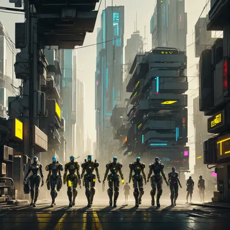 a group of cyberpunk robots walking down the street, yellow colors