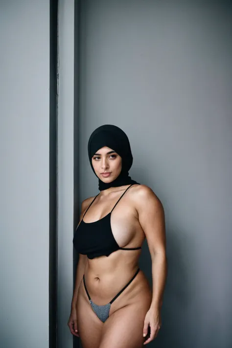 RAW photo,dark,moody,hazy atmosphere,35mm focal lenght,underexposed,cold,candid photograph,artistic,full body,photo of a beautiful,influencer,30yo Kurdish woman,hijab,detailed skin,naked, looking at viewer, thick body structure,grey background,no backgroun...