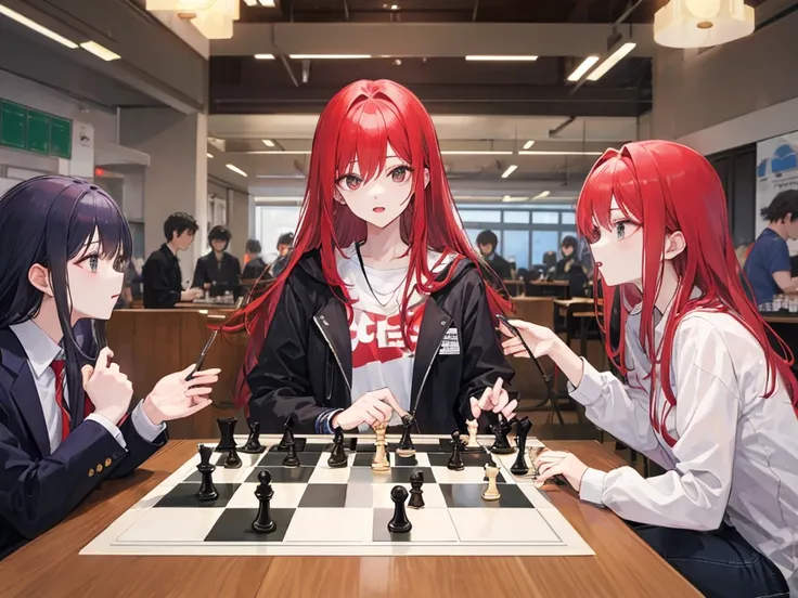 A long-haired red-haired woman is participating in a chess tournament、There are people playing chess around々Lots of、29-year-old、Cloudy、Highest quality、