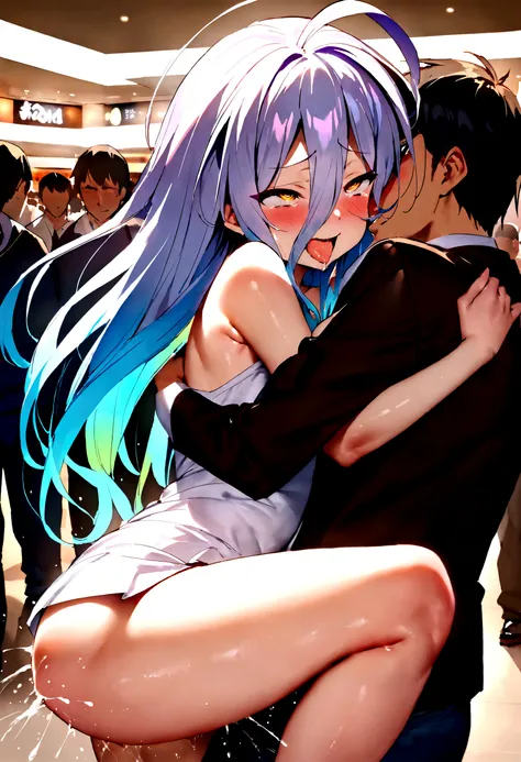 NSFW,masterpiece,Highest quality,High resolution,Super detailed,Shiro (no game No life),Long Hair,Multicolored Hair,Hair between the eyes,Gradient Hair,Yellow Eyes,Flat Chest,(High-quality sexy mini dress),Shopping mall,Crowd,(Oho face),Embarrassed,blush,L...