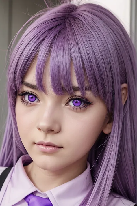 Anime girl with gray purple hair and bangs covering her right eye, the right eye completely pink with a purple pupil and the other eye purple with a pink pupil, slanted eyes, slim, white, with bnha uniform, long loose hair