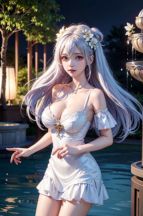 (Image above the chest)((masterpiece:1.5,Highest quality,Highly detailed images,Beautiful images、Realistic、Photorealistic、2.5D))(1girl, 独奏,)(Adult women、large breasts, white hair, beautiful eyes、Beautiful cleavage)(Off-the-shoulder dress、black dress:1.5, D...