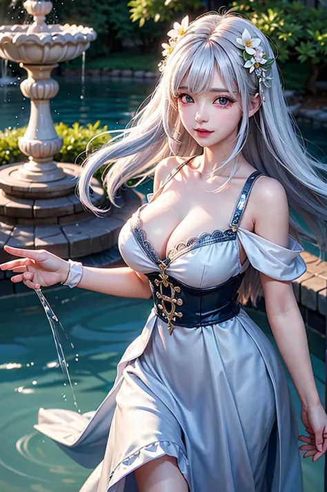 (Image above the chest)((masterpiece:1.5,Highest quality,Highly detailed images,Beautiful images、Realistic、Photorealistic、2.5D))(1girl, 独奏,)(Adult women、large breasts, white hair, beautiful eyes、Beautiful cleavage)(Off-the-shoulder dress、black dress:1.5, D...