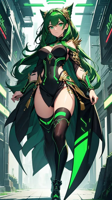 masterpiece, highest quality, (solo focus), (perfect face:1.1), (full body), (high detail:1.1), (hyper detailed eyes), dramatic, a woman with paleskin and long dark green hair, green eyes, solo, arrogant expression, neon cyberneticoutfit, white background,...