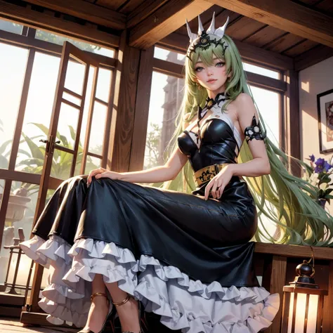 Mobius_(honkai impact 3d), ornament hair, perfectly body, perfectly hands, wave hair, light green hair, long hair, maid, maid dress, maid headdress, maid apron, garden, temple, shrine, outside, Chinese festival scenery, gold lantern, Chinese lantern, firew...