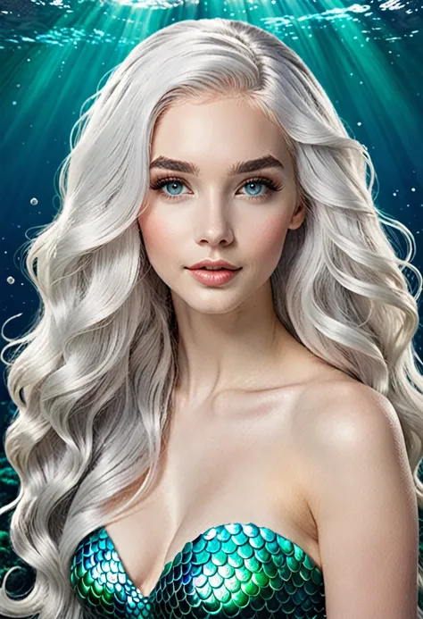 A beautiful mermaid with long wavy white hair, gray eyes and white skin. She has a bright white tail