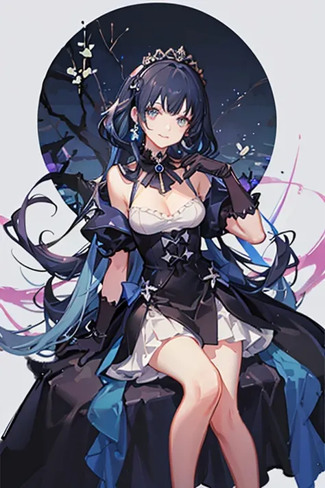 transparent black gloves, solo, smile, hairstyle, jewelry, dress, bangs, kawaii, black and blue, daring, anime, pastel, neon, character list, clothing list,