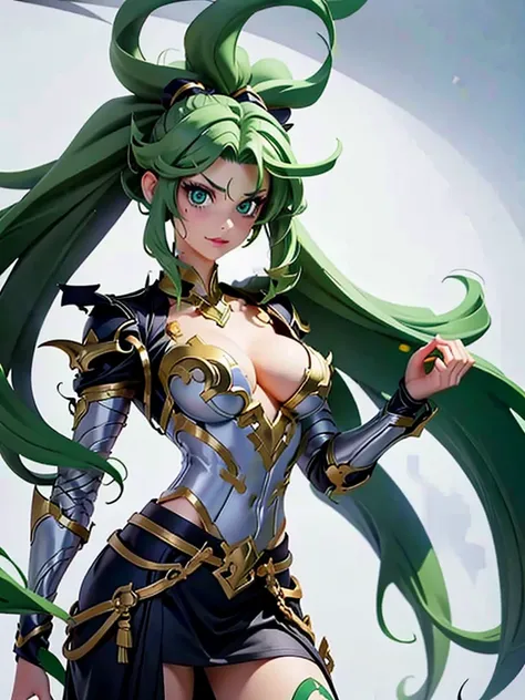 a female who has hazel eyes and green hair. Her true form is that of a tall, fully-grown curvaceous and well-endowed adult with long waving green hair. Notably, she has a scar and the crimson line that runs across her face, and pronounced lower canine teet...