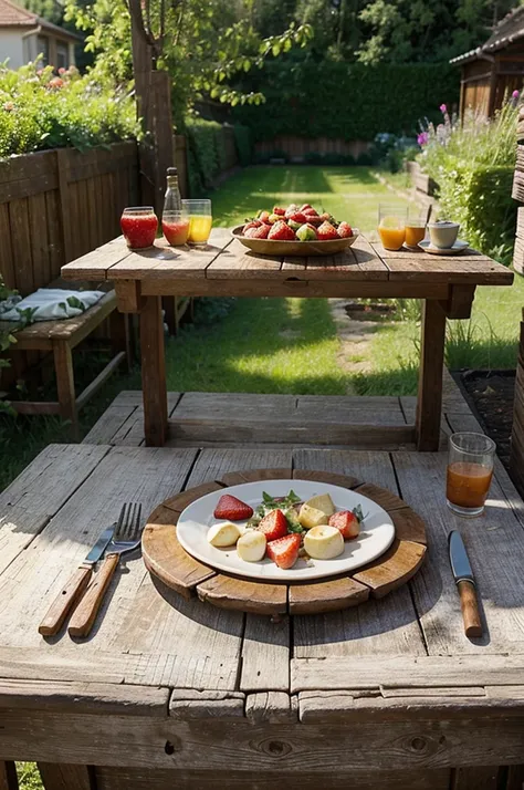 sunny day. Summer garden. Old wooden table. There is a dish with strawberries on the table.