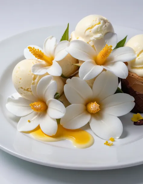 (vanilla flowers and vanilla ice cream on a white plate), closeup, macroscopic photo, hyperdetalization, hyperrealism, beautiful foreshortening, cinematic, glow, reflexes, illuminated ((dominant three colors))