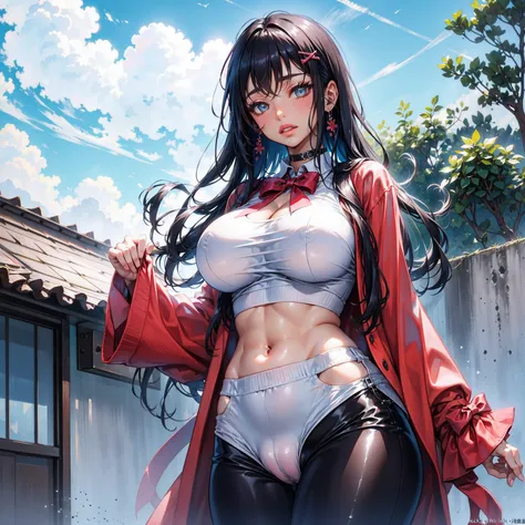 miyamizu_mitsuha, red bowtie,
jewelry, white yoga crop top, white yoga tight shorts, hands on chest,see-through, looking at viewer,  hair ornament, choker, shy,
(masterpiece, top quality, best quality, official art, beautiful and aesthetic:1.2), (1 girl), ...