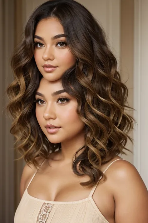 height is 4 11", chubby and voluptuous complex, short wavy/curly dark brown hair dyed blonde at the very ends, long eyelashes and light big brown eyes, medium skin tone