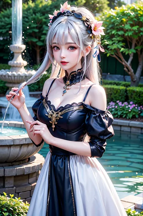 (Close-up image)((masterpiece:1.5,Highest quality,Highly detailed images,Beautiful images、Realistic、Photorealistic、2.5D))(1girl, 独奏,)(Adult women、medium beautiful breasts, white hair, beautiful eyes、Beautiful cleavage)(Off-the-shoulder dress、black dress:1....