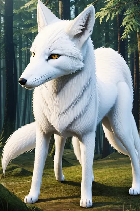 Create a realistic 4-tailed mythical white fox